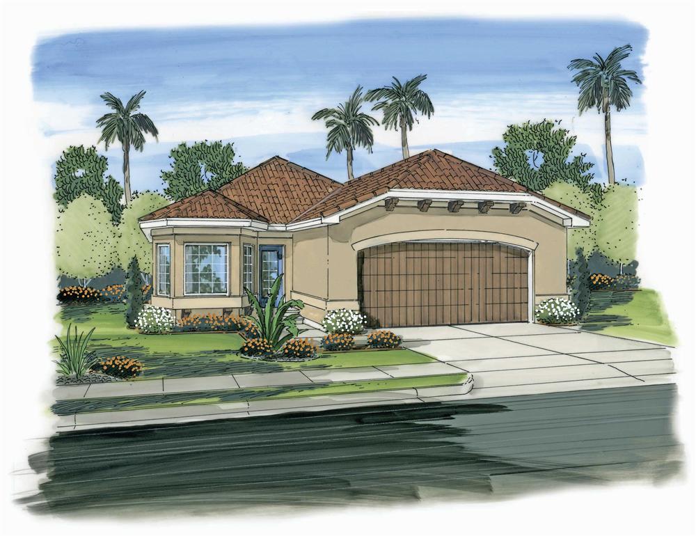 This is a colored front elevation of these Spanish House Plans.