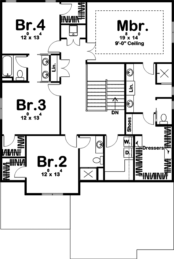 Floor Plan Second Story of Traditional Plan #100-1282