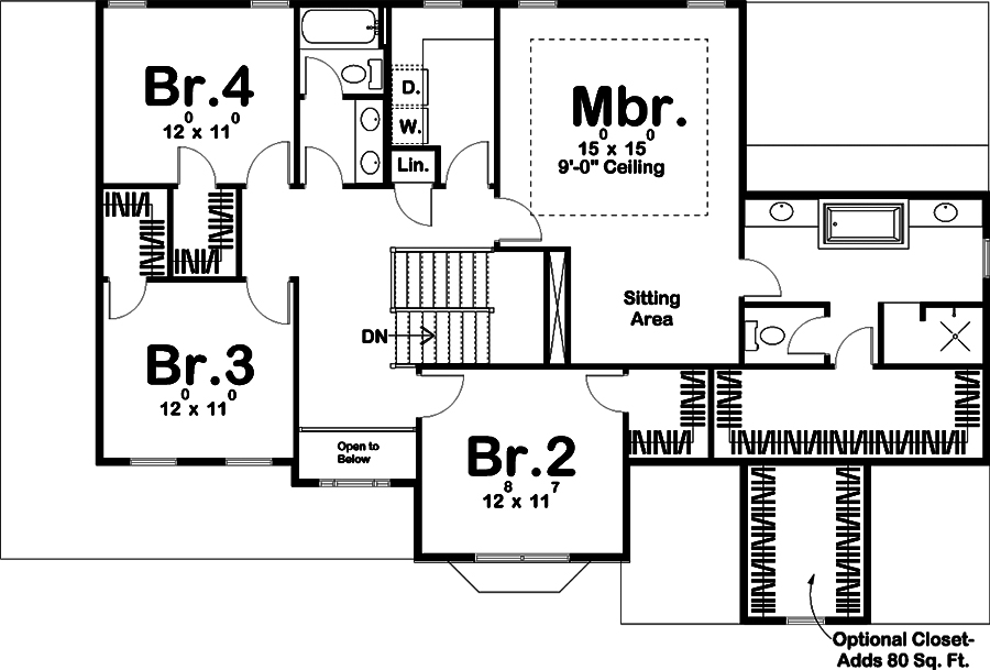 Floor Plan Second Story of Traditional Plan #100-1293