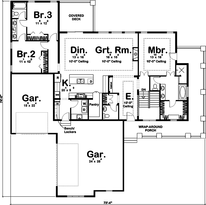 Floor Plan First Story of Farmhouse Plan #100-1299