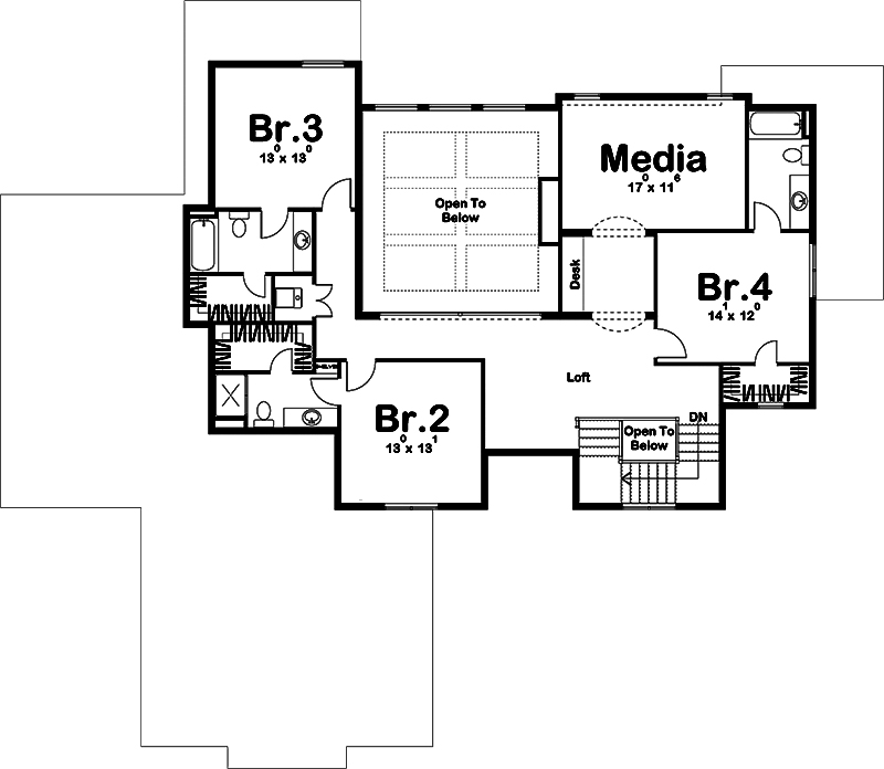 Floor Plan Second Story of Craftsman Plan #100-1313