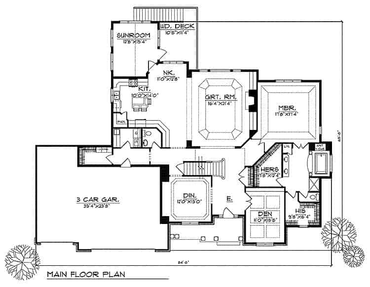 Floor Plan Main Level of European Plan #101-1124