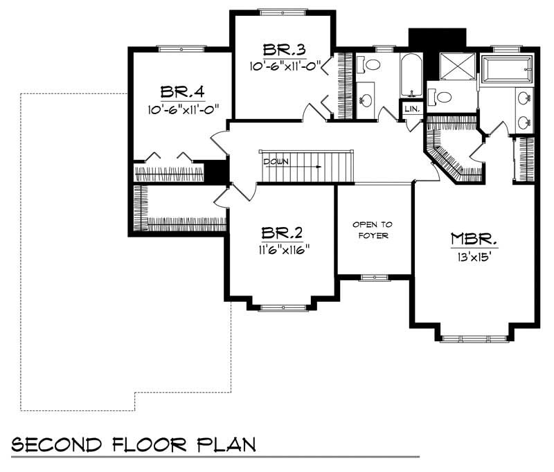 Floor Plan Second Story of Colonial Plan #101-1736