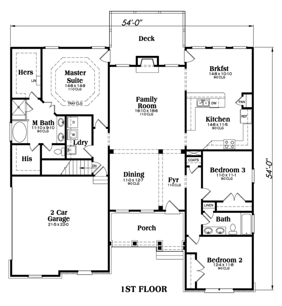 Floor Plan First Story of Ranch Plan #104-1028