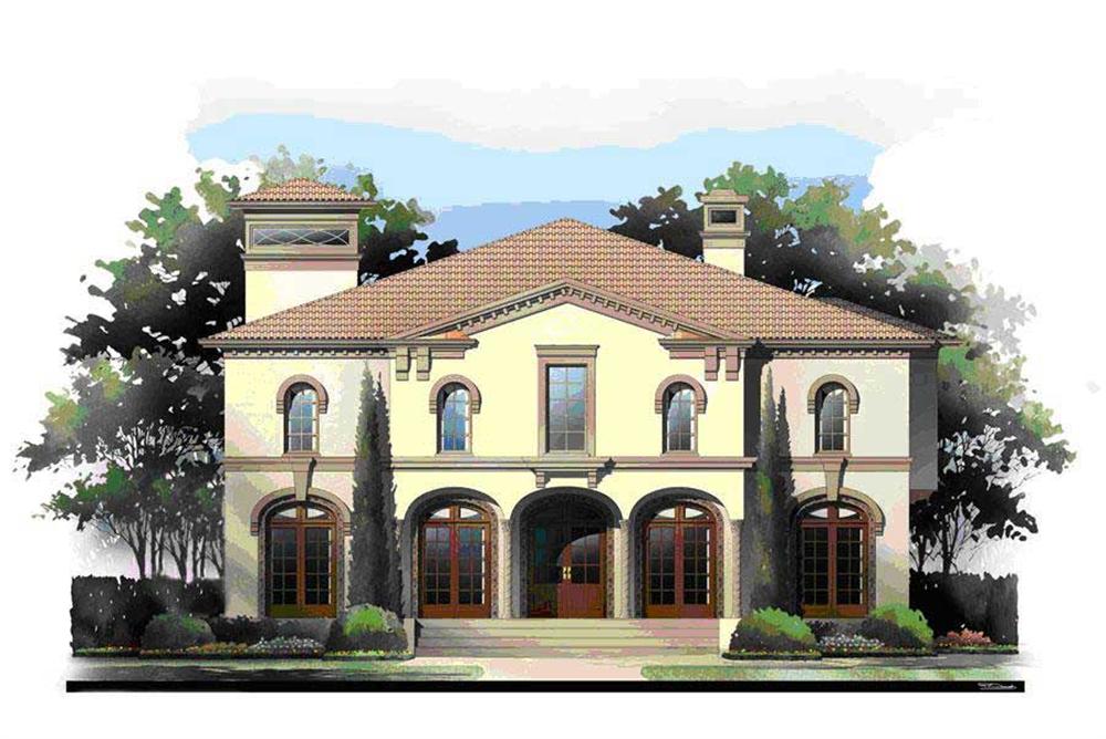 This is an artist's rendering of the front elevation of these Mediterranean House Plans.
