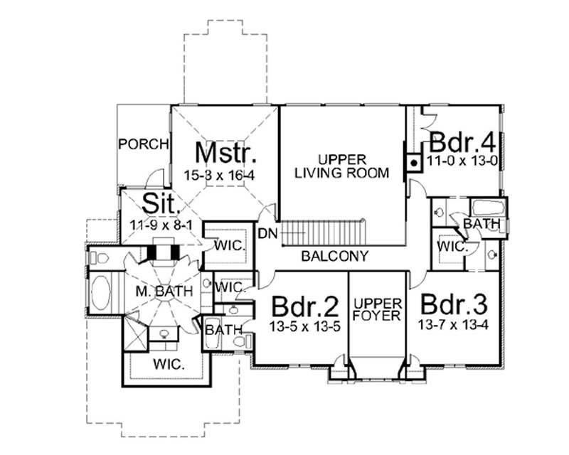 Floor Plan Upper Level of European Plan #106-1057
