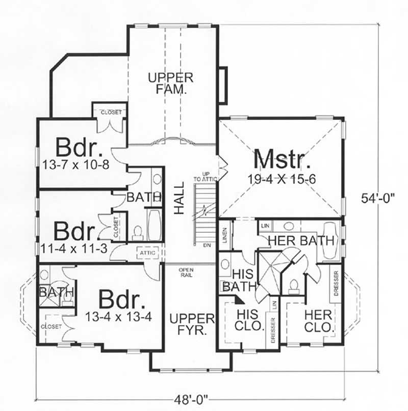 Floor Plan Upper Level of European Plan #106-1130