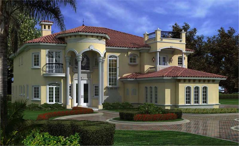 This image shows the front elevation of these Luxury house plans.
