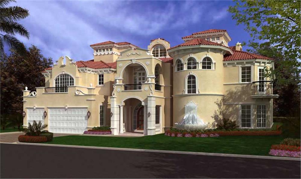 This image shows the front elevation of these Luxury Home Plans, Mediterranean House Plans.