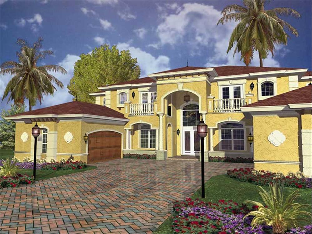 This image shows the front elevation of these Mediterranean Home Plans, Luxury House Plans.