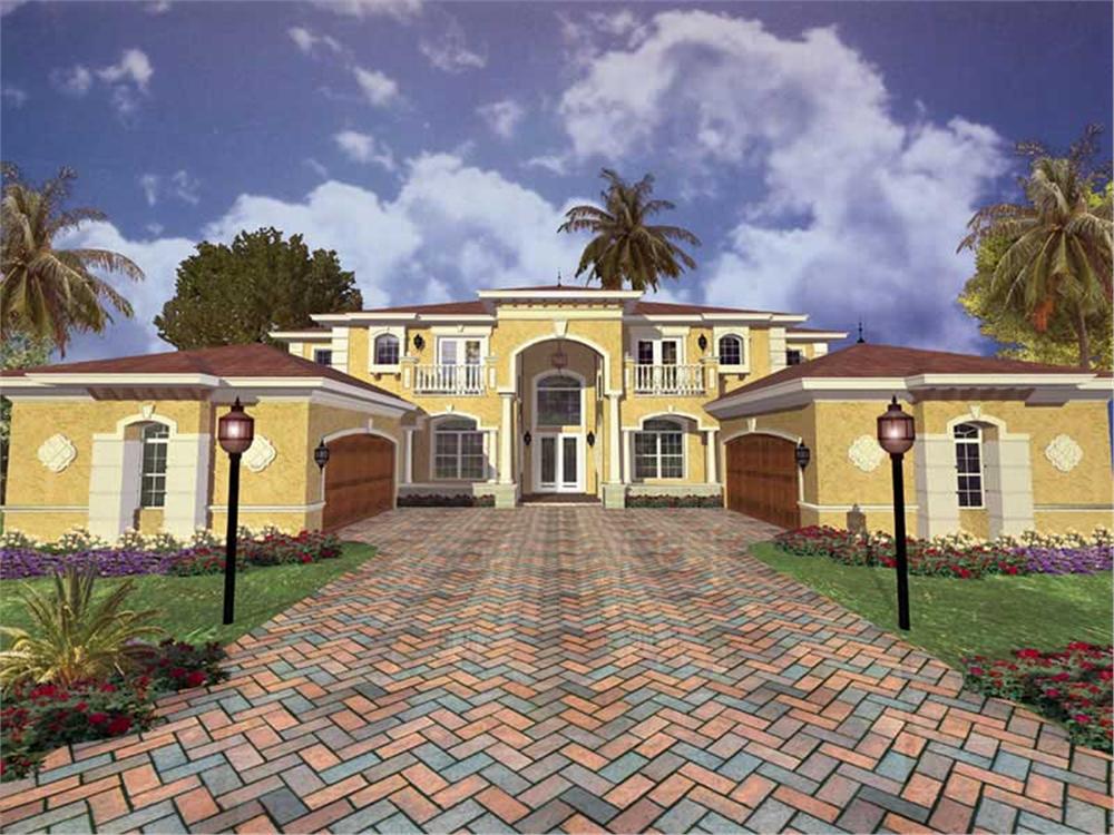 This image shows the front elevation of these Mediterranean House Plans, Traditional Style Plans, Luxury Home Design.