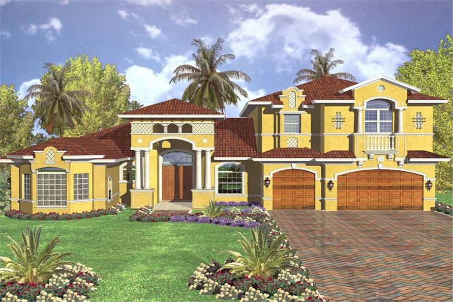 This image shows the front elevation of these Mediterranean Plans, Luxury HousePlans, 1-1/2 Story home Plans, Florida House Design.
