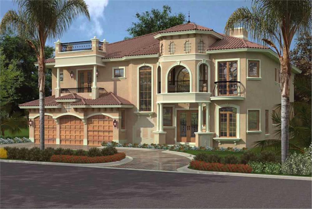 This image shows the front elevation of these Mediterranean House Plans, Luxury HomePlans.
