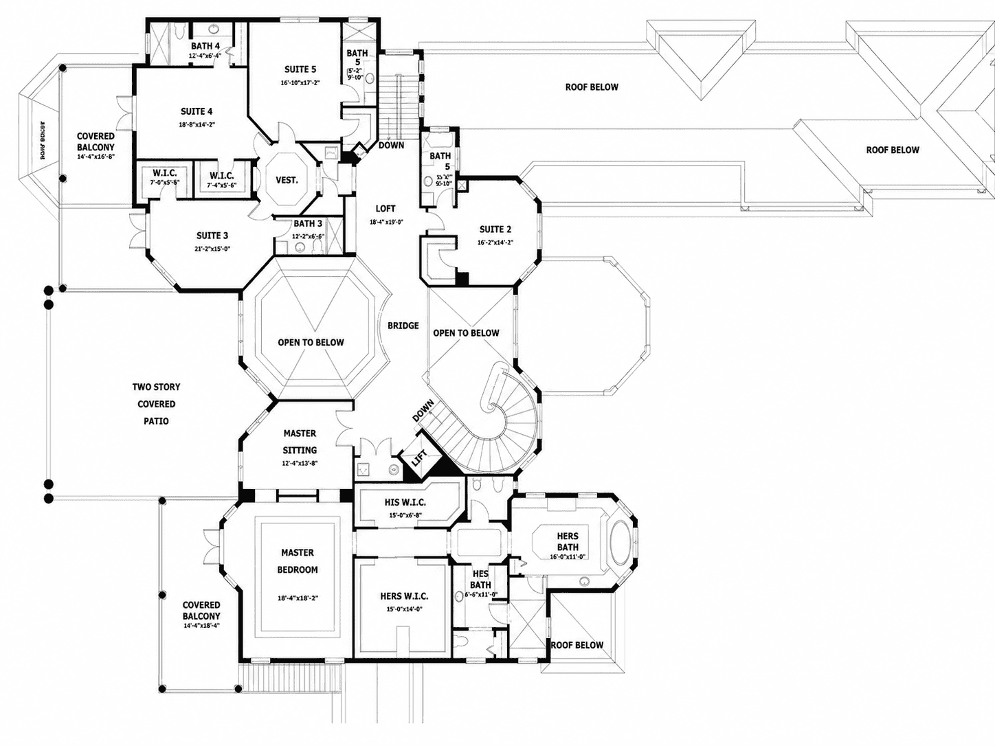 Floor Plan Upper Level of Luxury Plan #107-1189