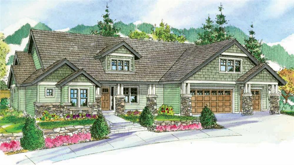 This is a colorful artist's rendering of these Craftsman House Plans.