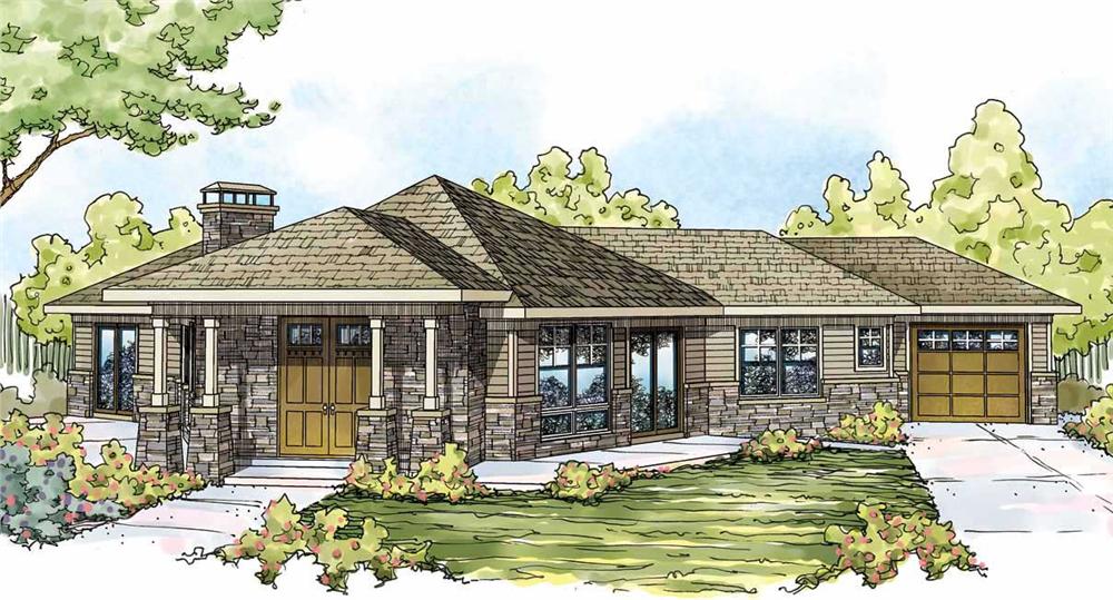 This is the front elevation for these Prairie House Plans.