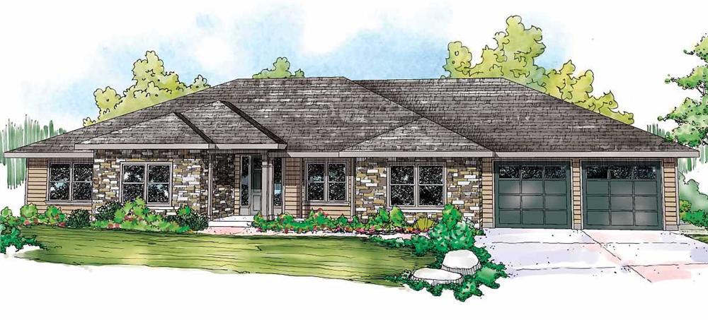 This is the front elevation for these Prairie House Plans