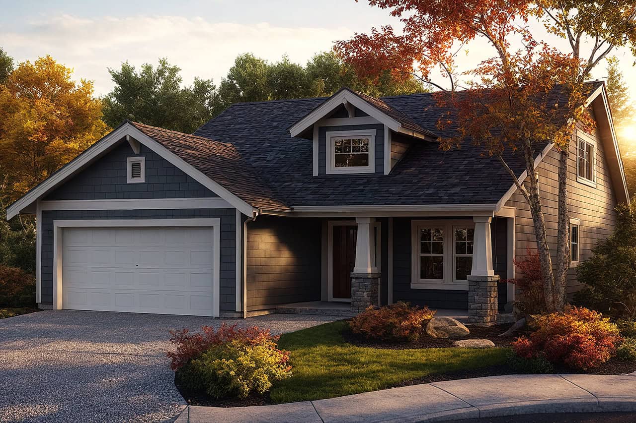 This image shows the Craftsman style for this set of house plans.