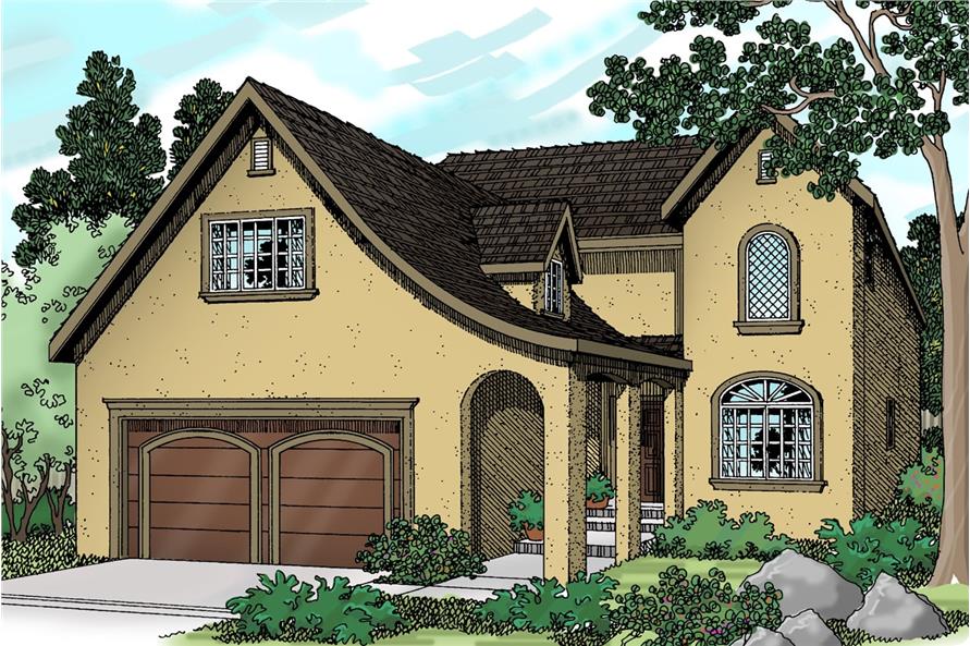 Color rendering of European home plan (ThePlanCollection: House Plan #108-1239)