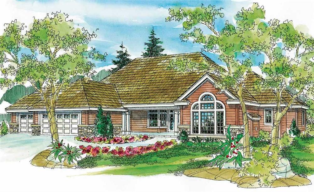 This is a colored front elevation of these European House Plans.