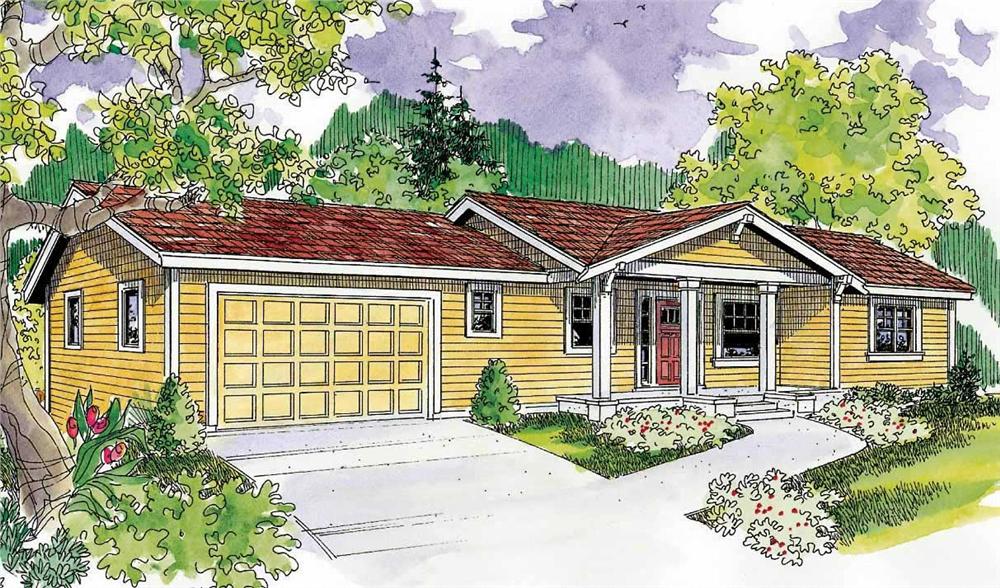 This is a colored version of the front elevation for these Ranch Homeplans.