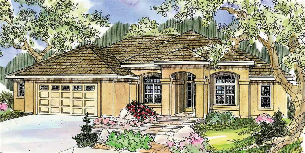 This is a colorful rendering of these Spanish Style Home Plans.
