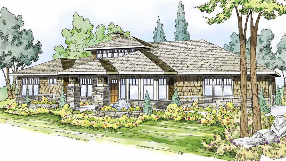 This is a colorful rendering of these Prairie House Plans.