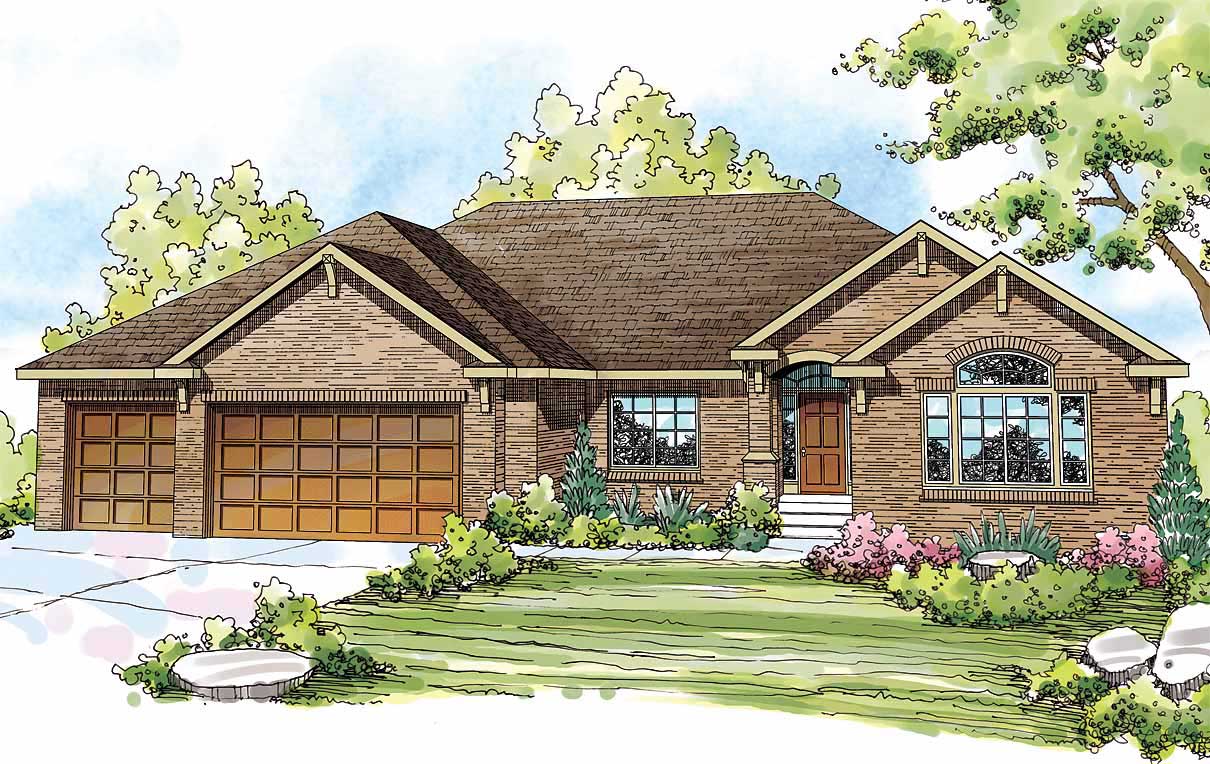 This is the front elevation for these Ranch House Plans.