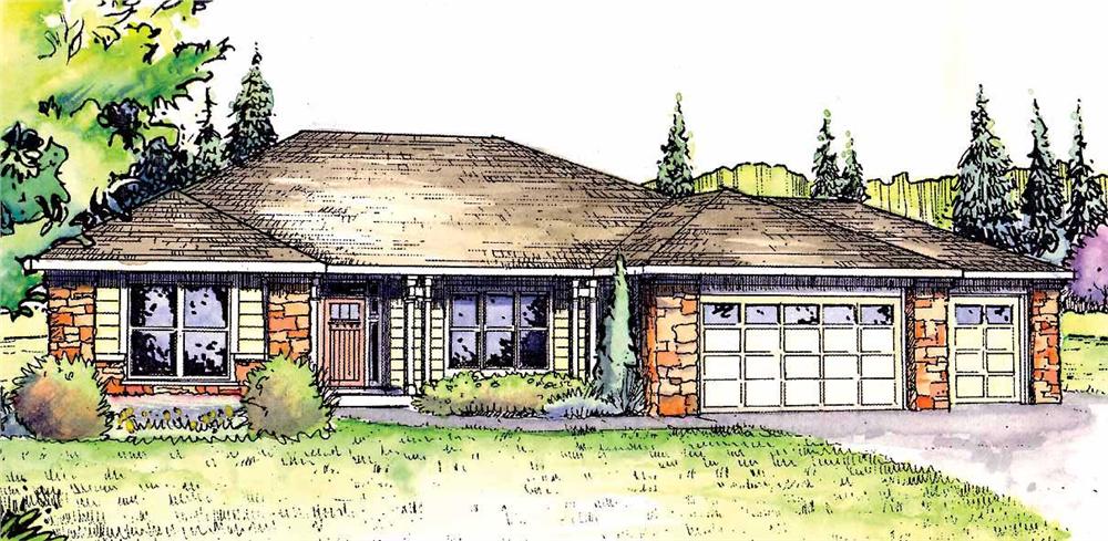 This is a colorful rendering for these Ranch House Plans.