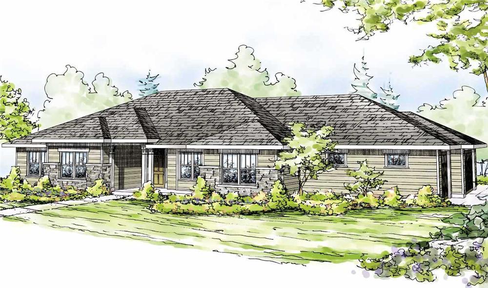 This is the front elevation for these Prairie House Plans.