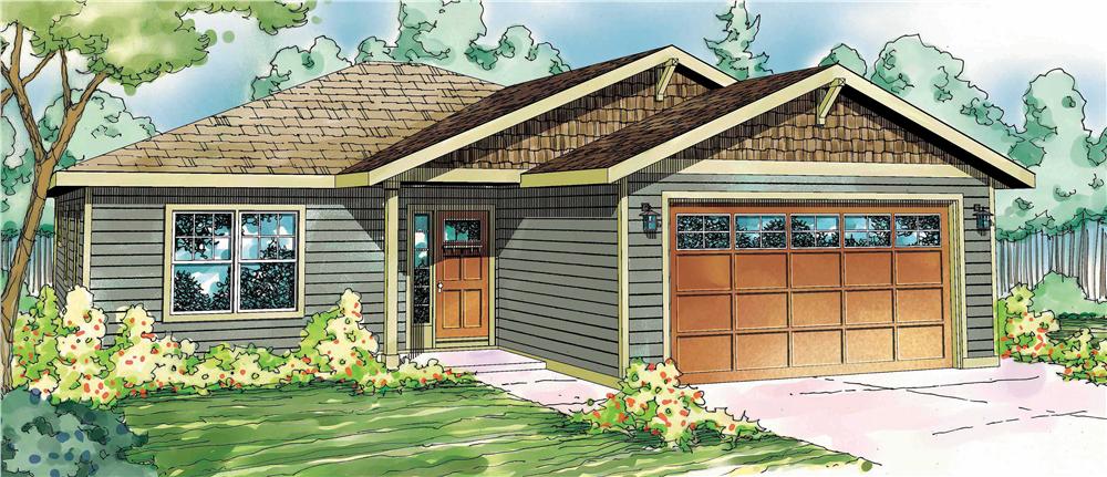 This is a colorfully rendered front elevation for these Craftsman House Plans.