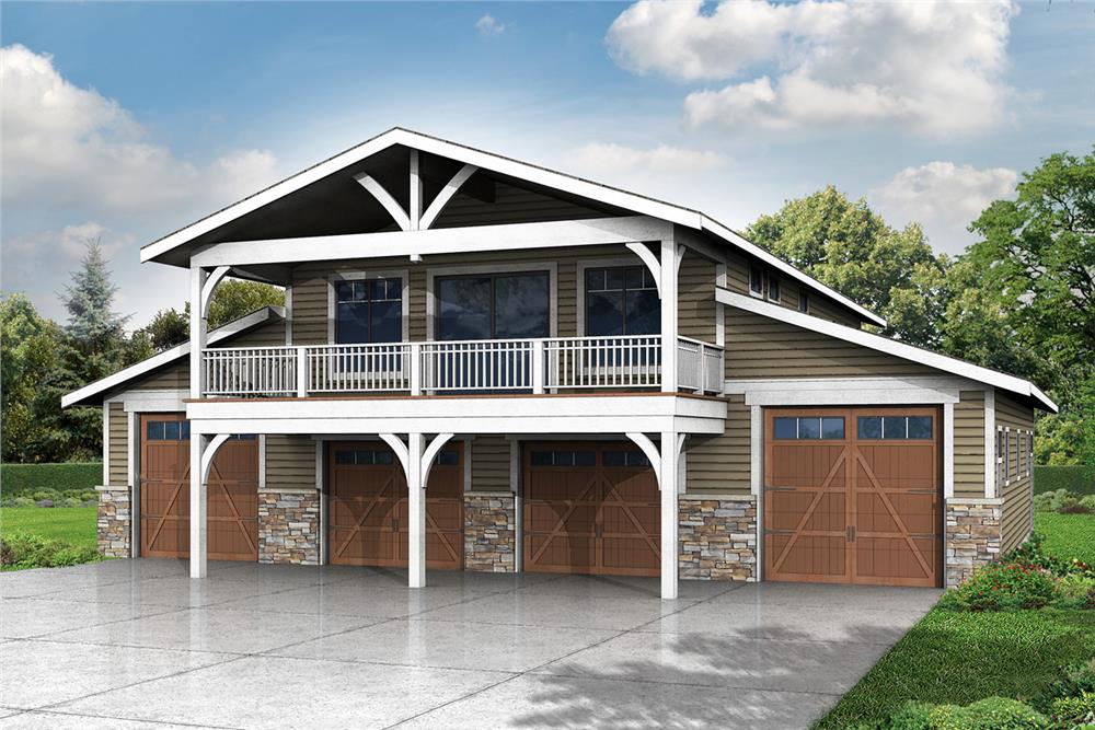 Front elevation of barn style 4-bay garage (ThePlanCollection: House Plan #108-1781)