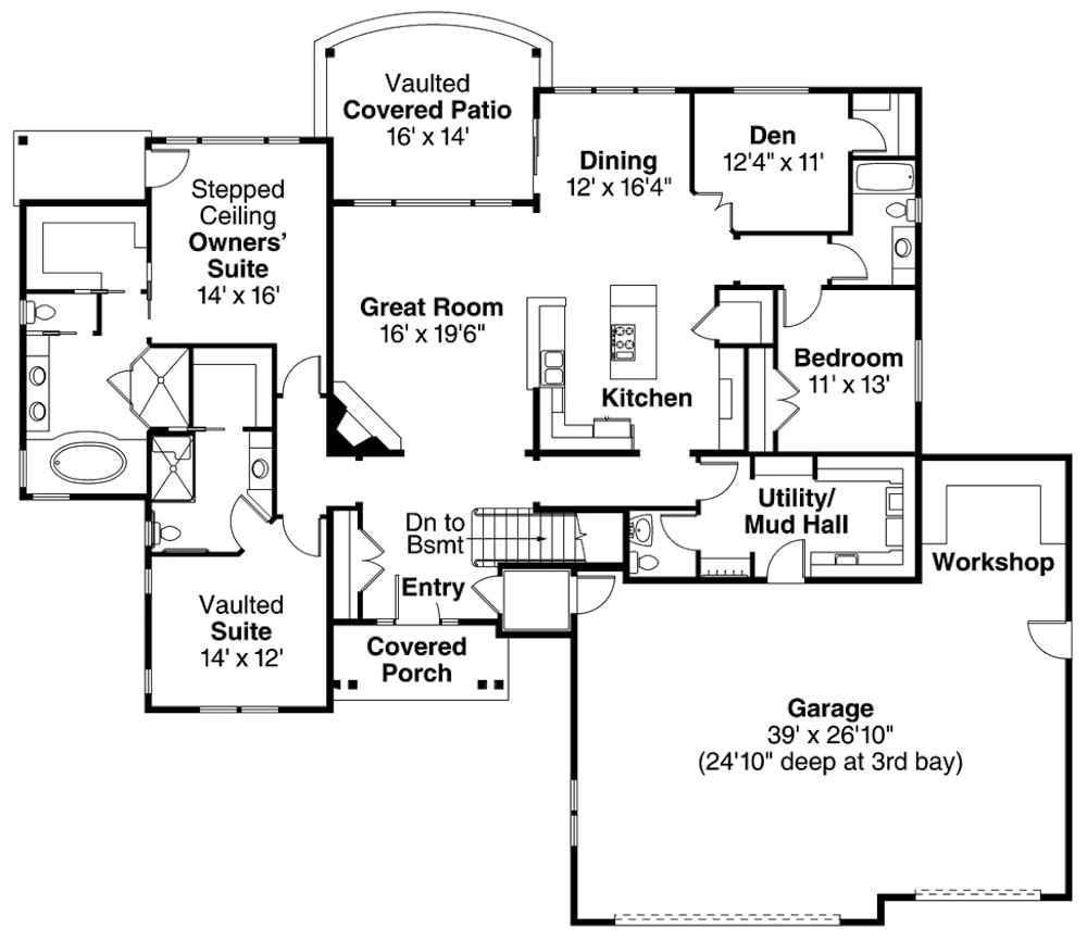 Floor Plan Main Level of Ranch Plan #108-1904