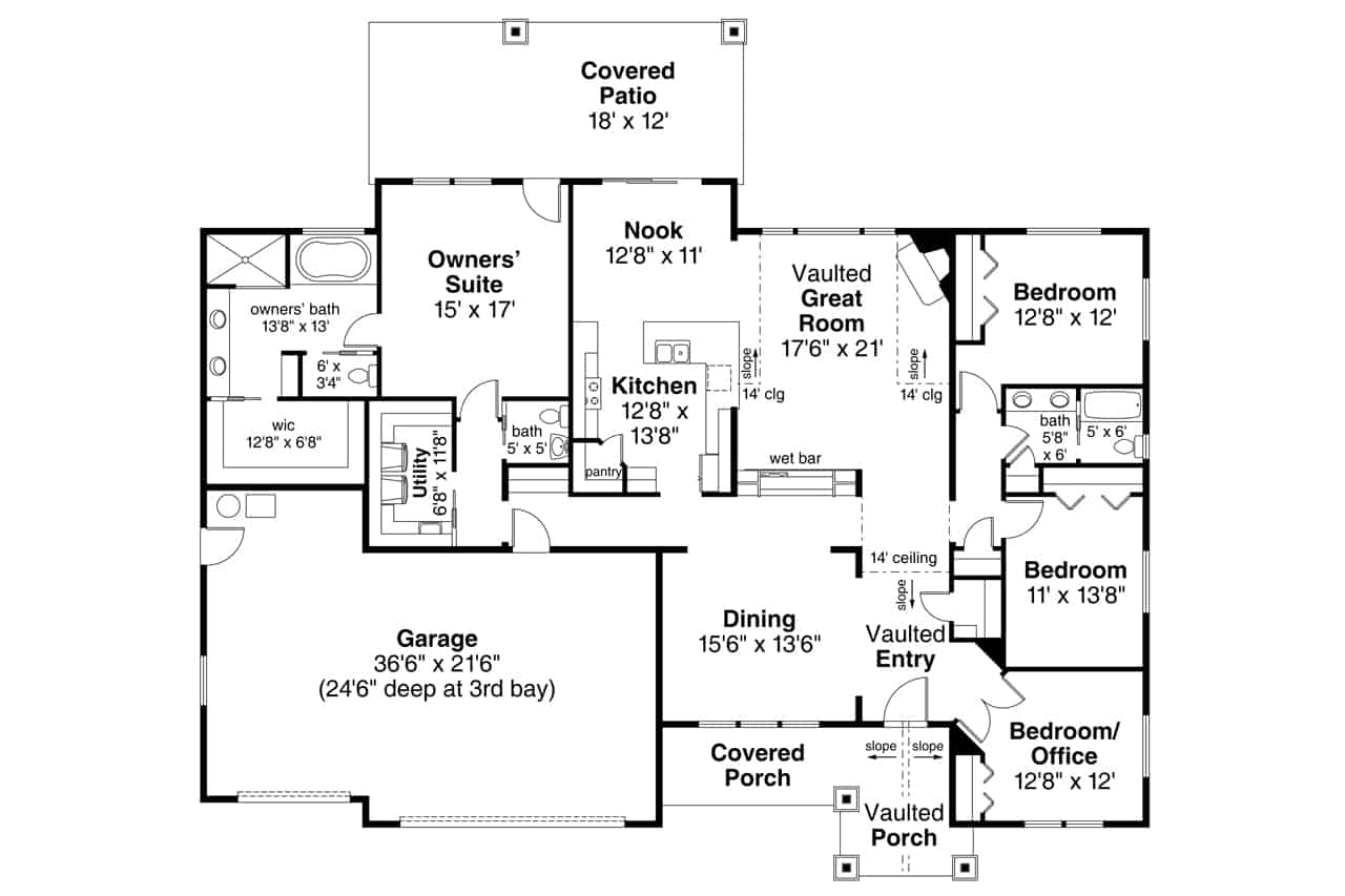 Floor Plan Main Level of Ranch Plan #108-1917