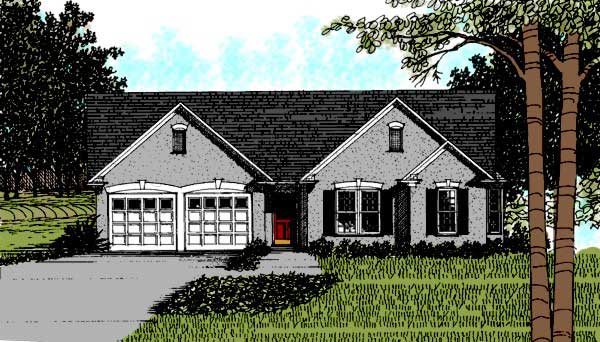 This is the front elevation for these Ranch House Plans.