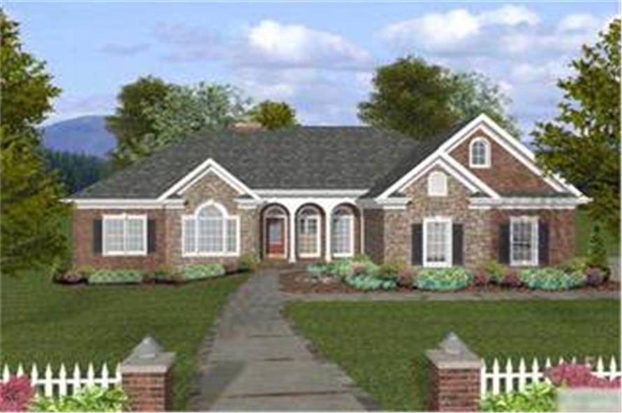 This is a colorful rendering of the front of these Traditional Ranch Homeplans.