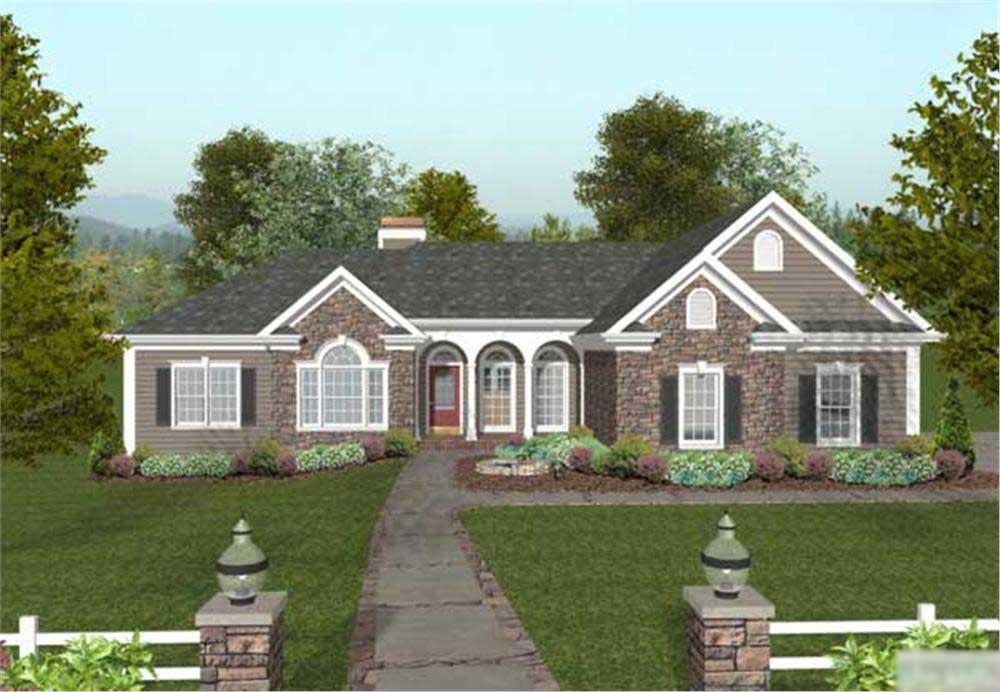 This is a front elevation of these Ranch House Plans.