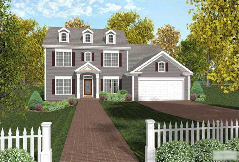 This image is the front elevation of these Colonial House Plans.