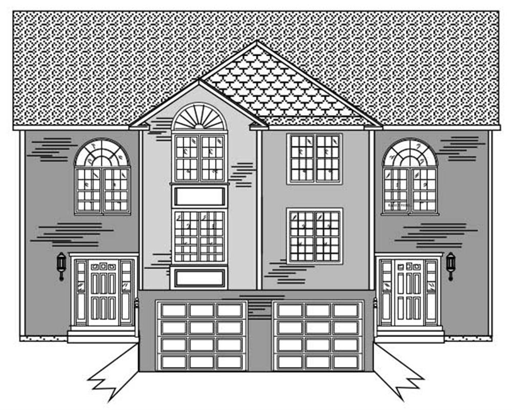 This is a black and white front elevation of these Multi-Unit House Plans.