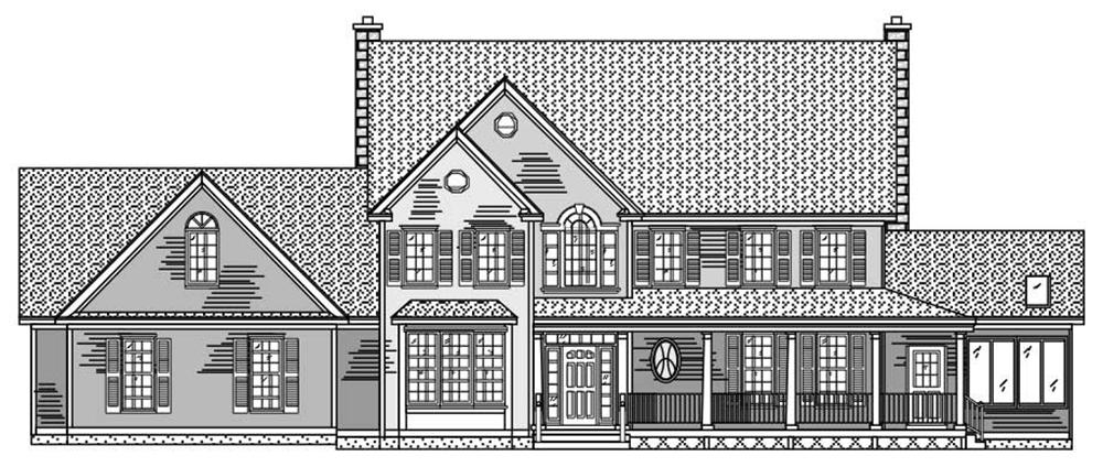 This image shows a black and white rendering of the front elevation of these Farmhouse Home Plans.