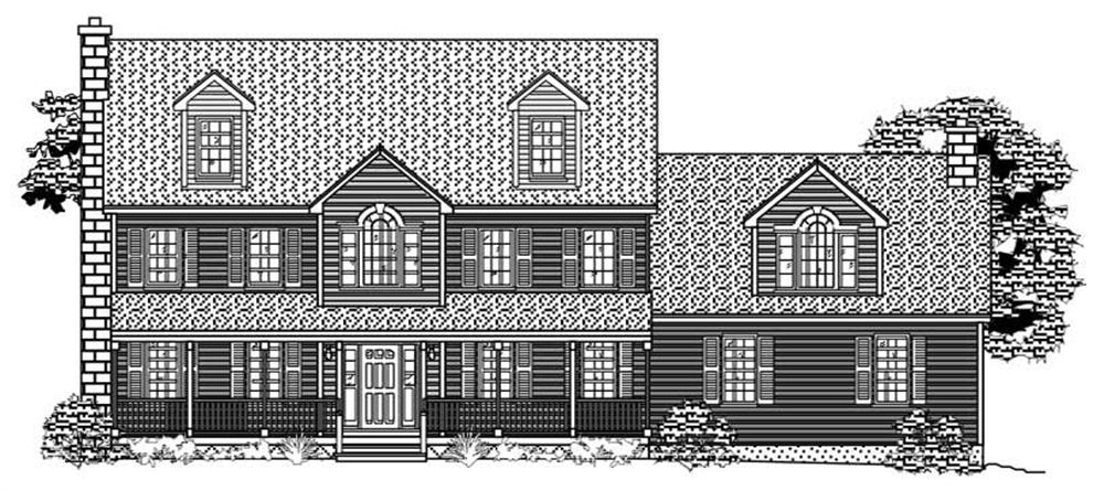 This is the black and white front elevation for these Farmhouse House Plans.