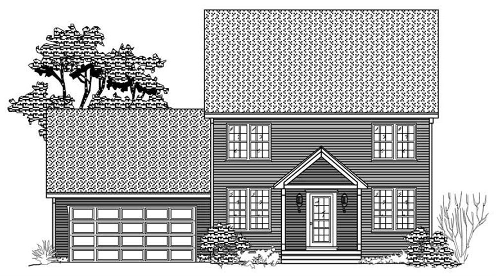 This is the black and white front elevation of these Traditional House Plans.