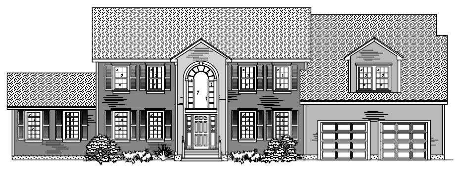 This is the black and white front elevation of these European House Plans.