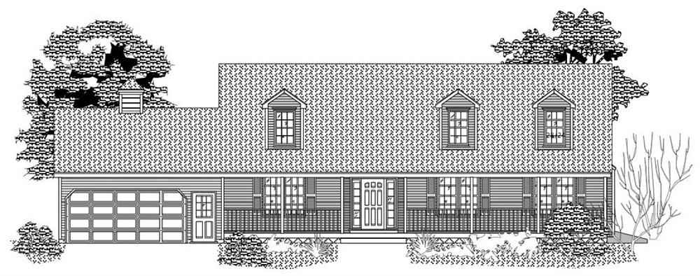 This image is the front elevation of these Country Ranch Houseplans.