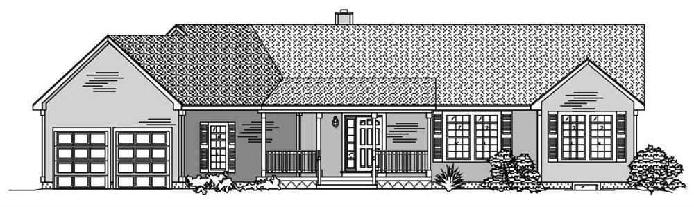 This is a black and white front elevation of these Ranch House Plans.