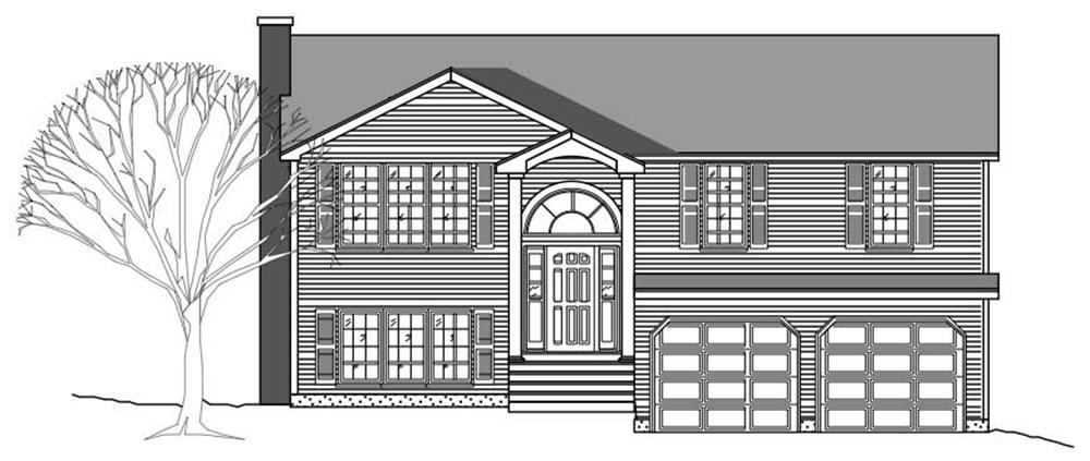 This image shows the front elevation of these Multi-Level House Plans.