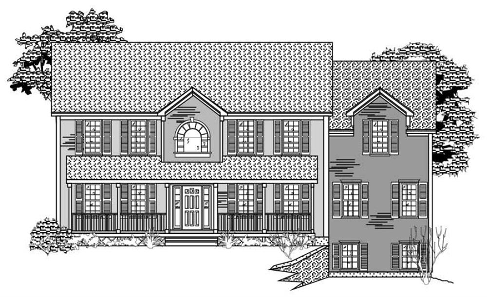 This is the black and white front elevation of these Country House Plans.