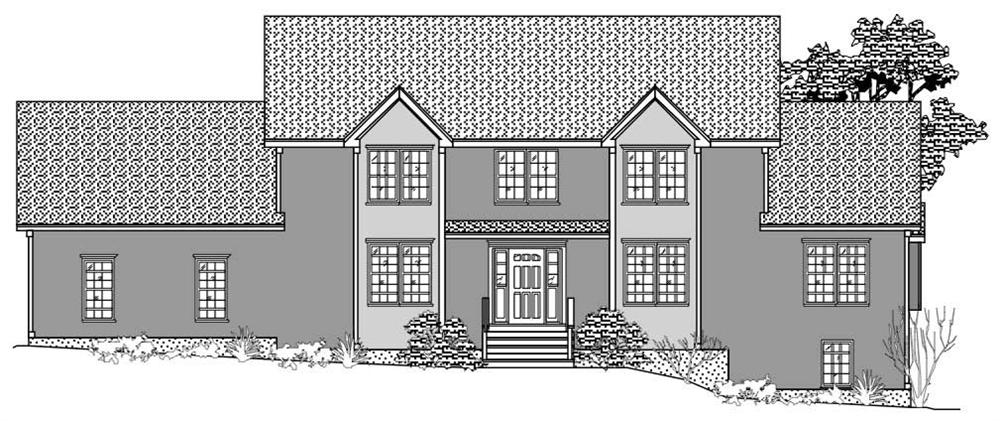 This is the black and white front elevation of these Traditional Home Plans.