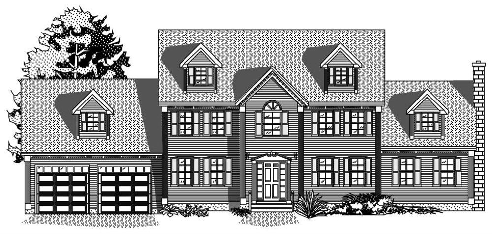 This is a black and white front elevation of these Traditional Homeplans.