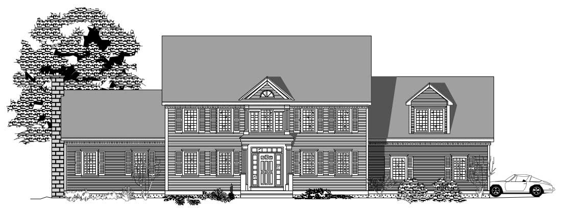 This is the black and white front elevation of these Ttraditional House Plans.